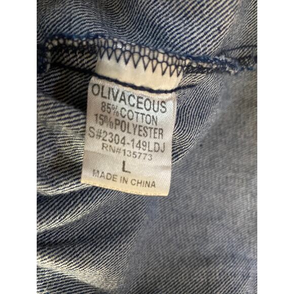 Olivaceous Blue Short Puff Sleeve Chambray Denim Jean Ruffle A Line Mini Dress L - Picture 4 of 4